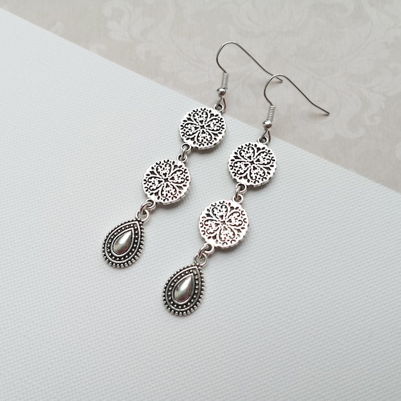 Long antique silver plated earrings, filigree earrings, teardrop dangle earrings
