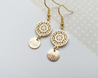 Gold plated earrings, gold boho earrings, gold disc dangle earrings