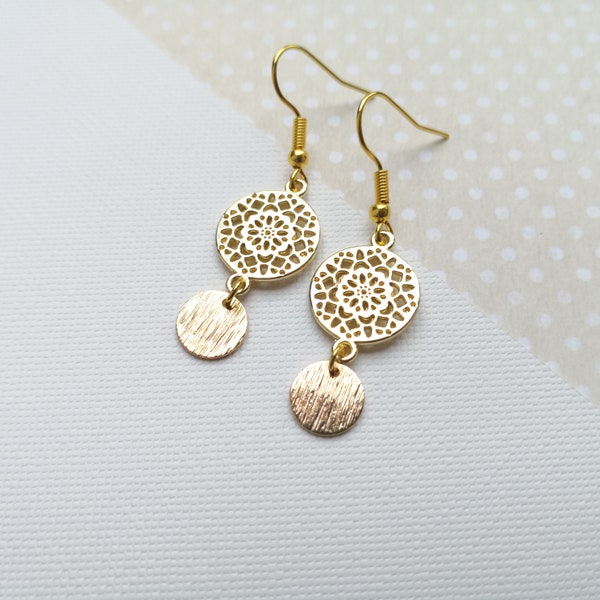 Gold plated earrings, gold boho earrings, gold disc dangle earrings
