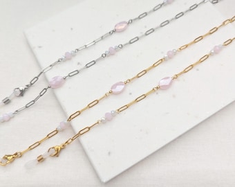 Cadena para gafas de cristal rosa pastel, cadena para gafas de acero inoxidable chapada en oro con cuentas, collar bohemio para gafas, correa para gafas de sol.
