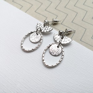 Geometric disc earrings, antique silver plated oval earrings