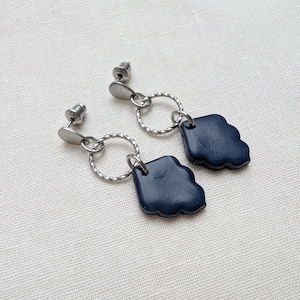 Navy blue polymer clay earrings, circle dangle stainless steel earrings