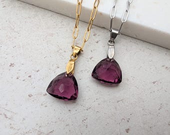 Collar de cristal de amatista, piedra natal de febrero, cadena de clip de acero inoxidable.