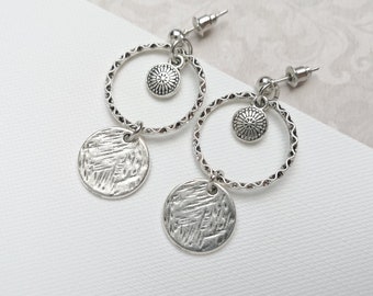 Antique silver plated disc earrings, boho hoop earrings with coin charms