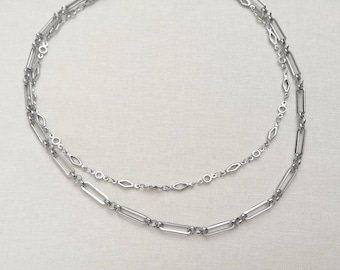 Stainless steel paper clip chain necklace, geometric double strand layered necklace