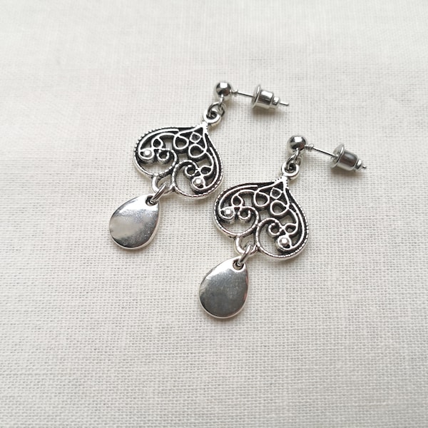 Bohemian filigree heart earrings, antique silver plated teardrop earrings