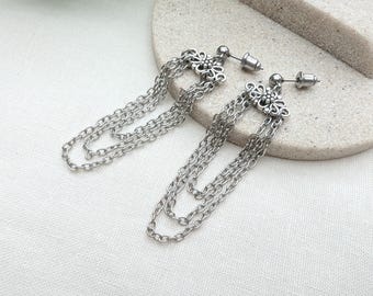 Pendientes de cadena boho drapeados, joyería con dije de filigrana bañada en plata antigua.