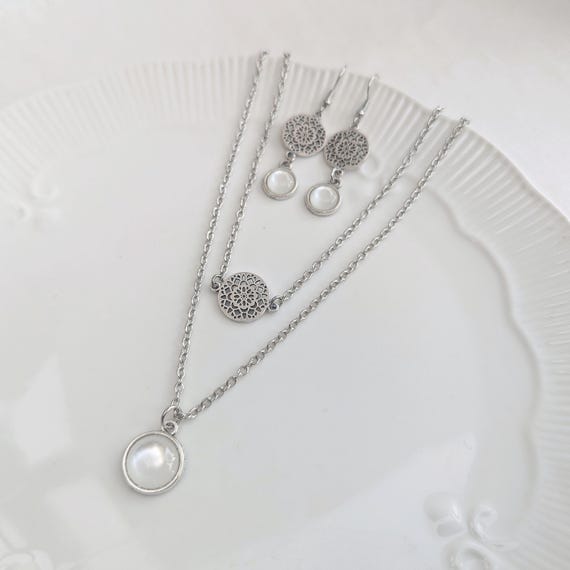 Antique silver plated boho necklace and earrings set, flower filigree jewellery gift set with gift box