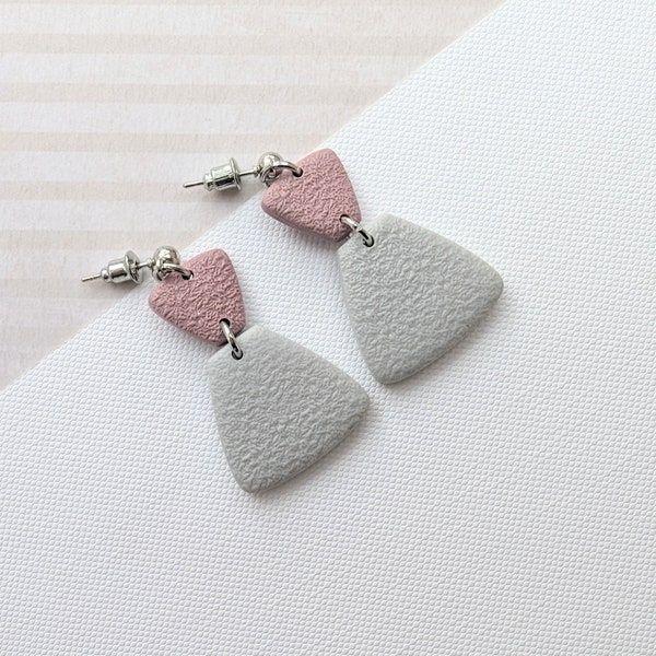 Grey textured trapezoid polymer clay earrings, dusky pink geometric earrings