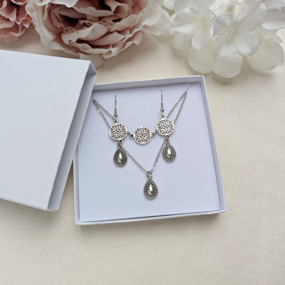 Necklace and earring set, antique silver plated filigree boho teardrop earrings and necklace set, jewellery gift set
