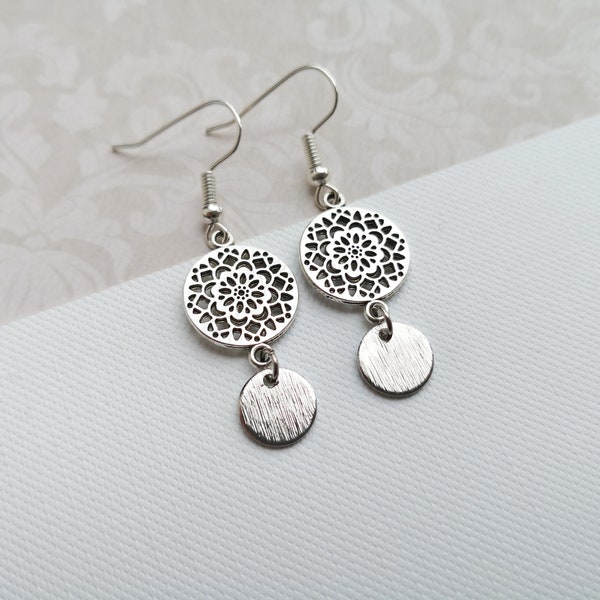 Antique silver plated earrings, silver boho earrings, disc dangle earrings
