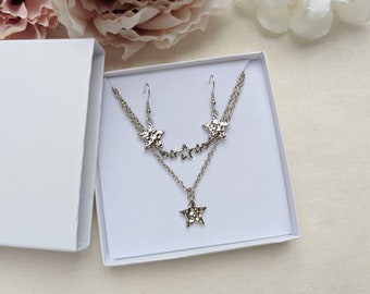 Necklace and earring set, rhodium colour plated textured star earrings and necklace set, celestial jewellery gift set
