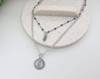 Layered necklace with antique silver plated charms, dainty black enamel ball chain necklace