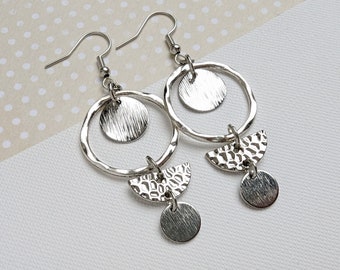 Antique silver plated geometric earrings, semicircle disc dangle boho earrings, statement
