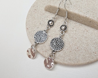 Long antique silver plated disc earrings, boho dangle earrings