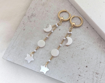 Pendientes de aro con luna y estrella, largos, estilo bohemio celestial, de acero inoxidable chapado en oro, con conchas.