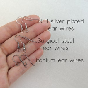 Ear wire option are presented on a hand. The options are either dull silver plated, surgical steel ear wires or titanium ear wires.