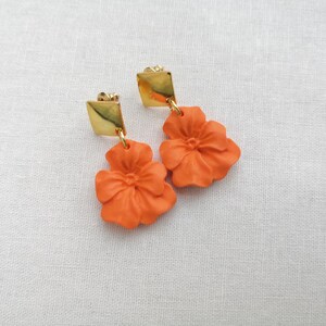 Orange flower polymer clay earrings, gold plated earrings