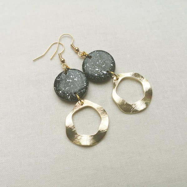 Gold plated statement earrings, speckled clay earrings, black geometric dangle earrings