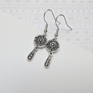 Dainty antique silver plated boho earrings, flower mandala disc earrings, teardrop dangle earrings