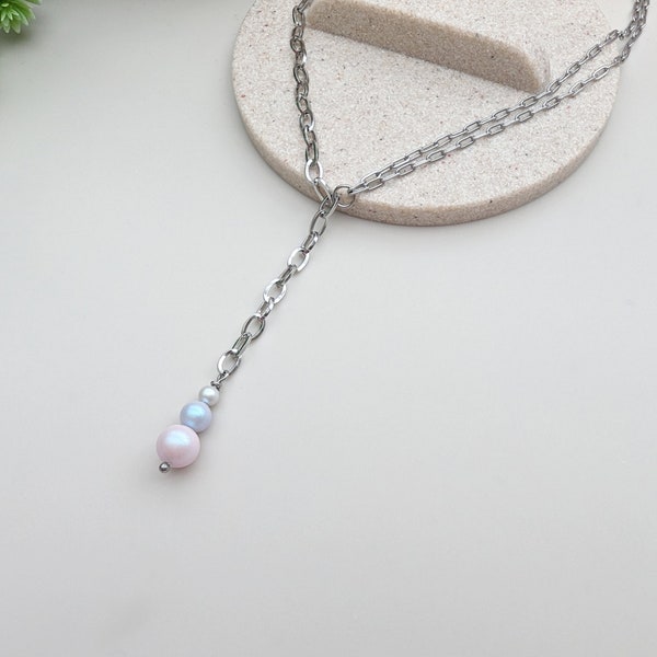 Stainless steel iridescent pastel pearl necklace, mixed chain y necklace, adjustable lariat necklace