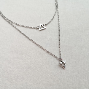 Layered triangle necklace, geometric necklace, antique silver plated minimal necklace