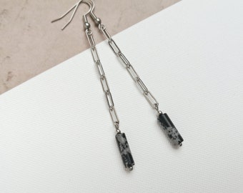 Long minimalist boho earrings, modern stainless steel chain, cylindrical black and grey bead earrings