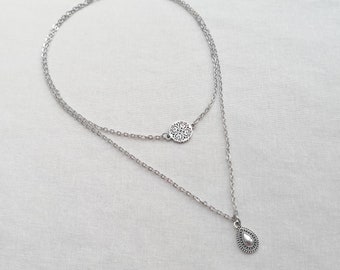 Antique silver plated layered necklace, boho teardrop necklace, filigree necklace