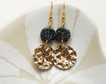 Gold plated earrings, speckled clay earrings, black geometric dangle earrings