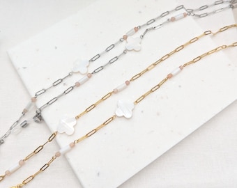 Cadena para gafas con forma de trébol, cadena bohemia de acero inoxidable para gafas, collar con soporte para gafas chapado en oro, correa para gafas de sol.