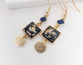 Pendientes colgantes chapados en oro, joyería cuadrada bohemia azul y negra con dijes de disco