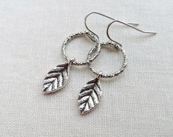 Antique silver plated leaf earrings, circle earrings, gift for her