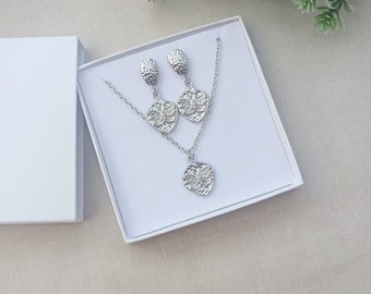 Butterfly necklace and earring set, rhodium colour plated textured butterfly earrings and necklace set,  jewellery gift set