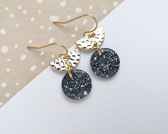 Gold plated earrings, speckled clay earrings, black geometric dangle earrings