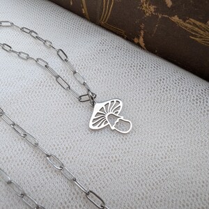 Stainless steel paper clip chain mushroom necklace, gift for her, cottagecore