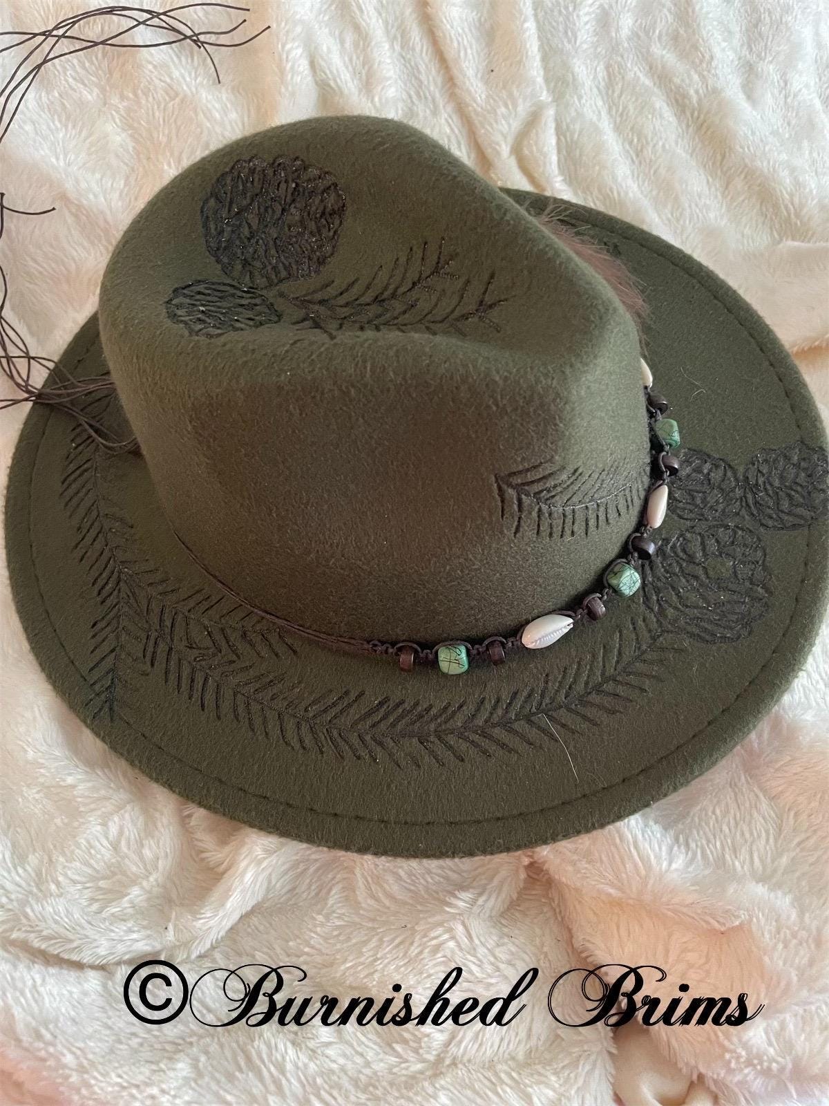 Olive suede fedora with mountain scene/pines! Brand NEW! This hand-burned olive green vegan suede fedora embodies  main image 3