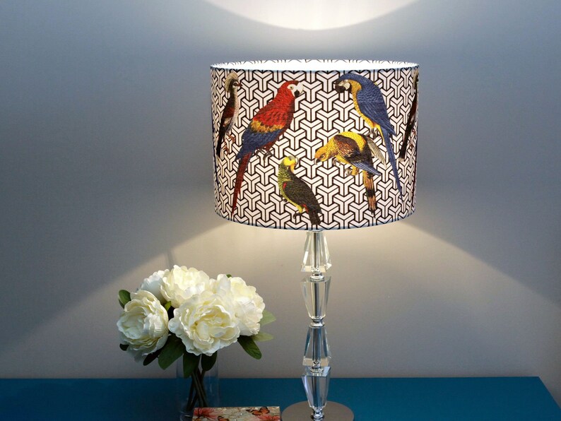Jungle Parrot Lampshade, Exotic Tropical Bird Lamp Shade, Red Blue Yellow Green Fabric, Drum