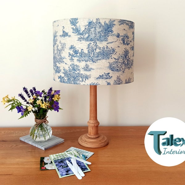 Blue Rustic Lampshade, French Toile De Jouy, Vintage Cottage Country Style, Drum Floor Lamp/Bedside Table Lamp Shade, Pendant/Ceiling Light