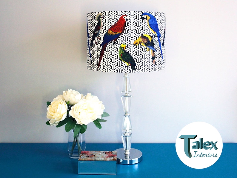 Jungle Parrot Lampshade, Exotic Tropical Bird Lamp Shade, Red Blue Yellow Green Fabric, Drum