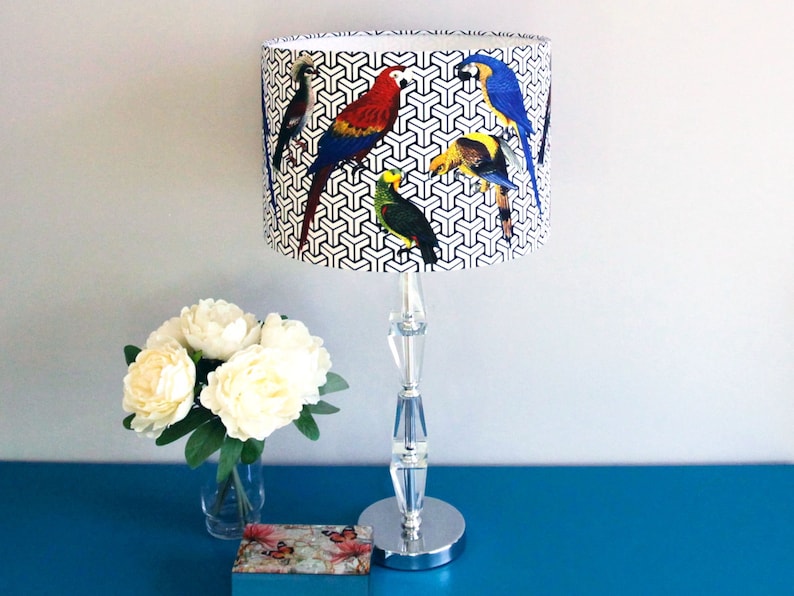 Jungle Parrot Lampshade, Exotic Tropical Bird Lamp Shade, Red Blue Yellow Green Fabric, Drum