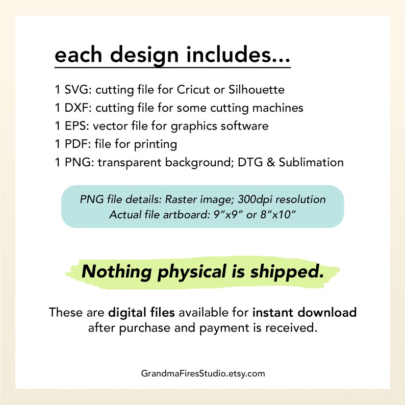 This listing includes 1 SVG, 1 DXF, 1 EPS, 1 PDF, 1 PNG zipped in a zip folder. The PNG has a transparent background and is 300 dpi for sublimation printing.