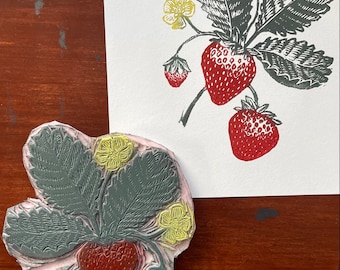 Strawberries Original Multicolor Linocut Print | Botanical Color Block Print | Colorful Strawberry Relief Art Print 6x6