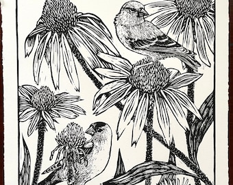 Goldfinch Pair in Echinacea Original Linocut Print | 9x12 Goldfinch and Coneflower Wall Art Print | B&W Goldfinches | Goldfinch Block Print