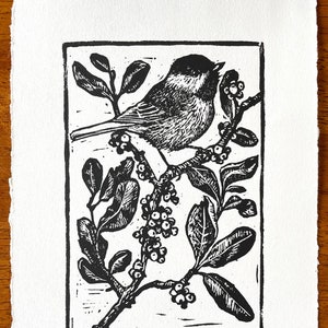 Bayberry Chickadee Original Linocut Print, Bird Wall Art, Winter Nature Design, Botanical Block Ink Print | Chickadee Block Print
