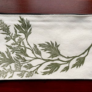 Mugwort Herb Design Zipper Pouch | Handmade Block Printed Canvas Bag | Leafy Plant Linocut Print