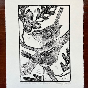 Carolina Wrens on Oak Branch Original Linocut Print | Bird Wall Art Block Print | Oak Botanical Print | Wren Block Print