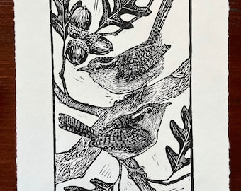Carolina Wrens on Oak Branch Original Linocut Print | Bird Wall Art Block Print | Oak Botanical Print | Wren Block Print