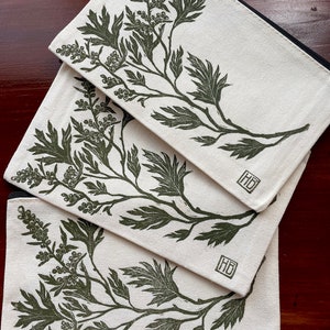 Mugwort Herb Design Zipper Pouch | Handmade Block Printed Canvas Bag | Leafy Plant Linocut Print