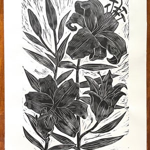 Lilies 16x20 Black and White Linocut Print | Floral Wall Art | B&W Botanical Block Print | Flowers Relief Print