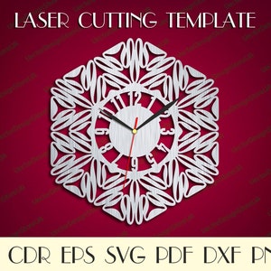 May include: A silver laser cut clock face with a decorative design. The clock face is in the shape of a hexagon with a clock face in the center. The clock face has Roman numerals and a silver background. The clock face is on a red background. The text "LASER CUTTING TEMPLATE" is at the top of the image. The text "AI CDR EPS SVG PDF DXF PNG" is at the bottom of the image.